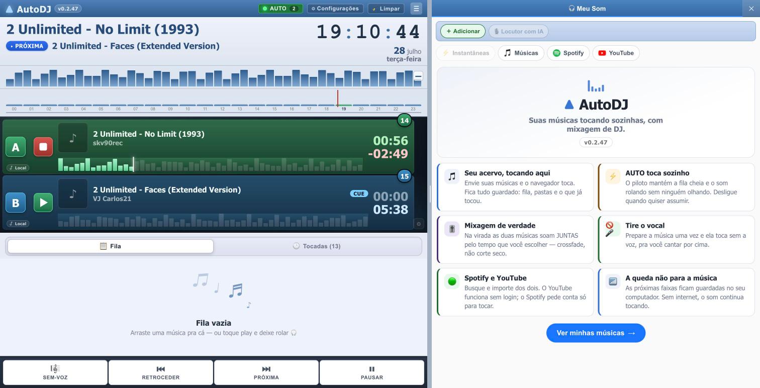 Player do AutoDJ com dois decks, fila e transporte